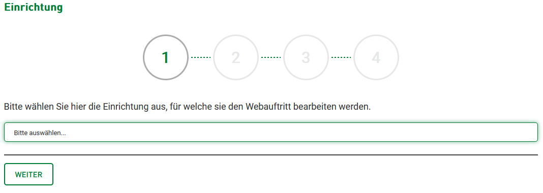 Bild, wie der erste Schritt beim Beantragen einer Berechtigung aussieht: Einrichtung auswählen und auf "Weiter" klicken