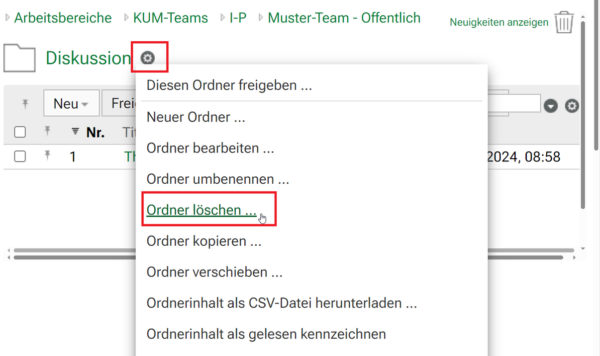 Ordner in KUM-Teams löschen