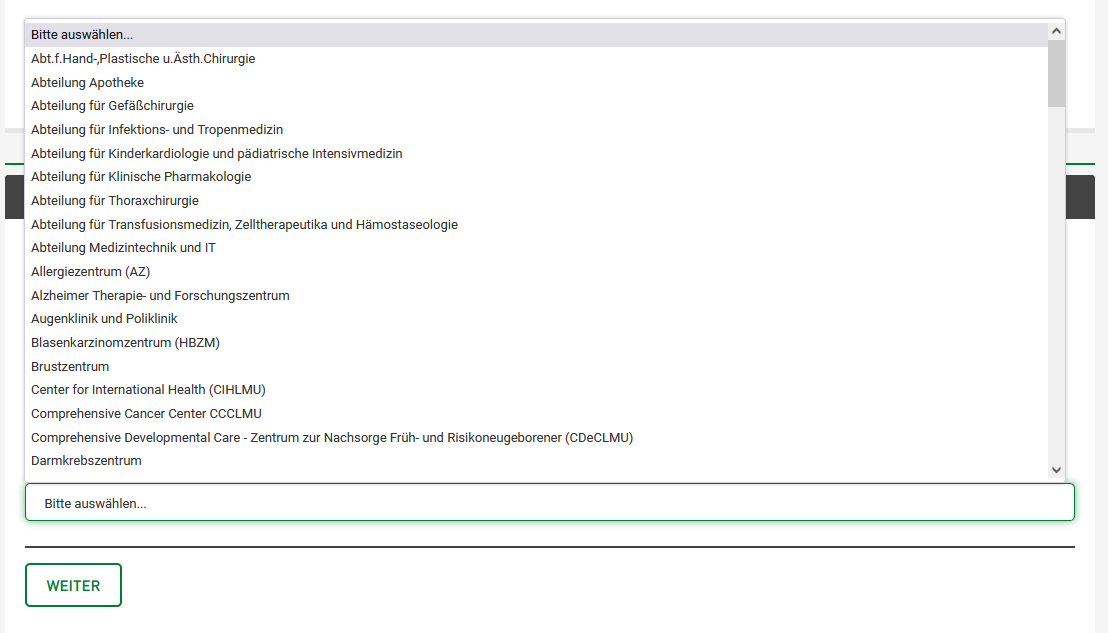 Aufgeklapptes Dropdownmenü, in dem alle vorhandenen Einrichtungen des LMU Klinikums angezeigt werden