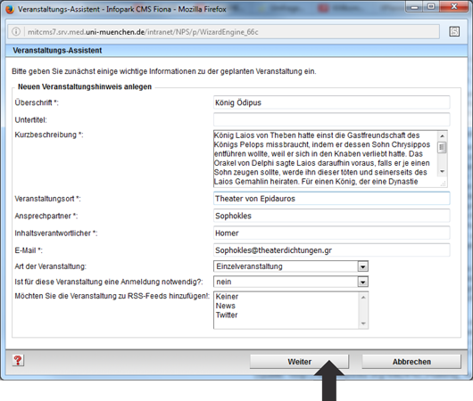 Eingabefelder einer Veranstaltung im Eingabeassistent