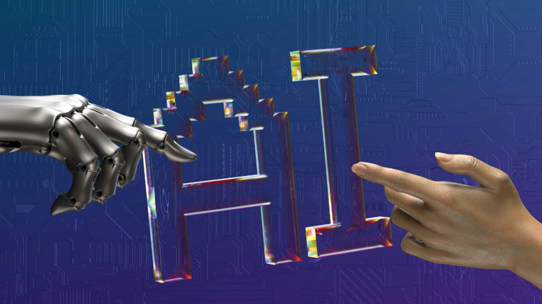 Eine Roboterhand und eine Menschenhand halten von zwei Seiten eine Aufschrift "AI" hoch