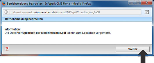 Betriebsmeldung im Eingabeassistent um den Download zu löschen