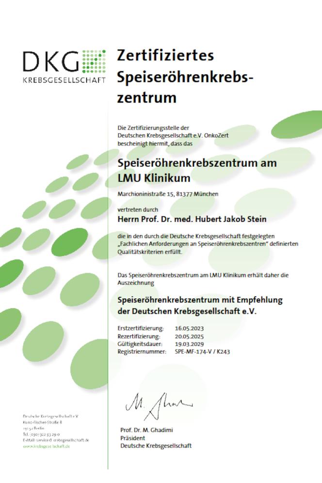 DKG-Zertifikat Speiseröhrenkrebszentrum