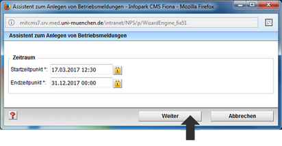 Betriebsmeldung Eingabeassistent Eingabefeld Zeitraum