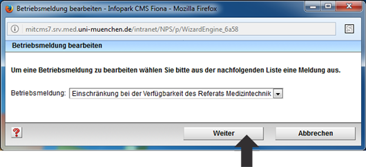 Eingabeassistent einer Betriebsmeldung, die man ändern möchte