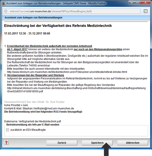 Vorschauseite einer Betriebsmeldung 