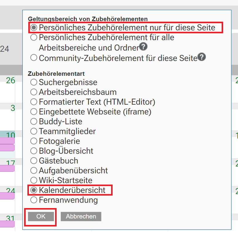 Text mit Kalenderübersicht