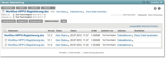 Ansicht der Versionen von Dateien in KUM-Teams