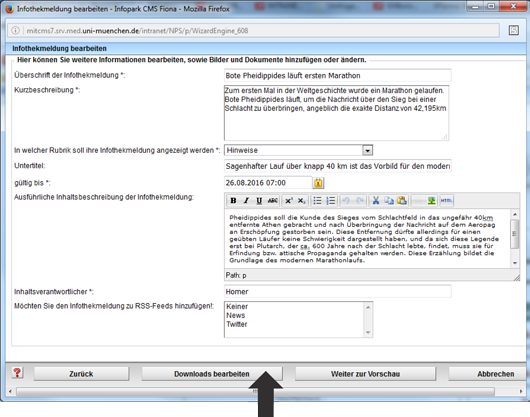 Downloads bearbeiten in einer Infothekmeldung im Eingabeassistent