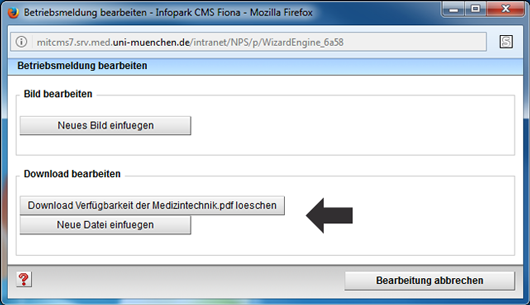 Download ändern oder löschen in einer Betriebsmeldung im Eingabeassistent