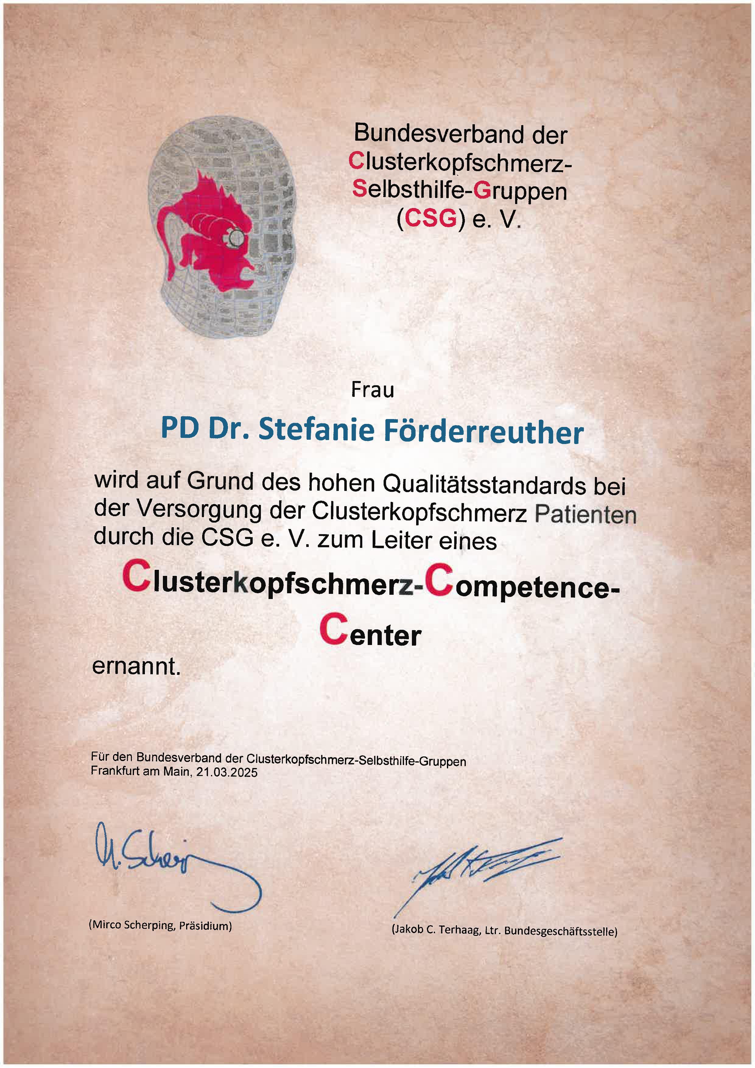 Zertifikat Cluster Kopfschmerz