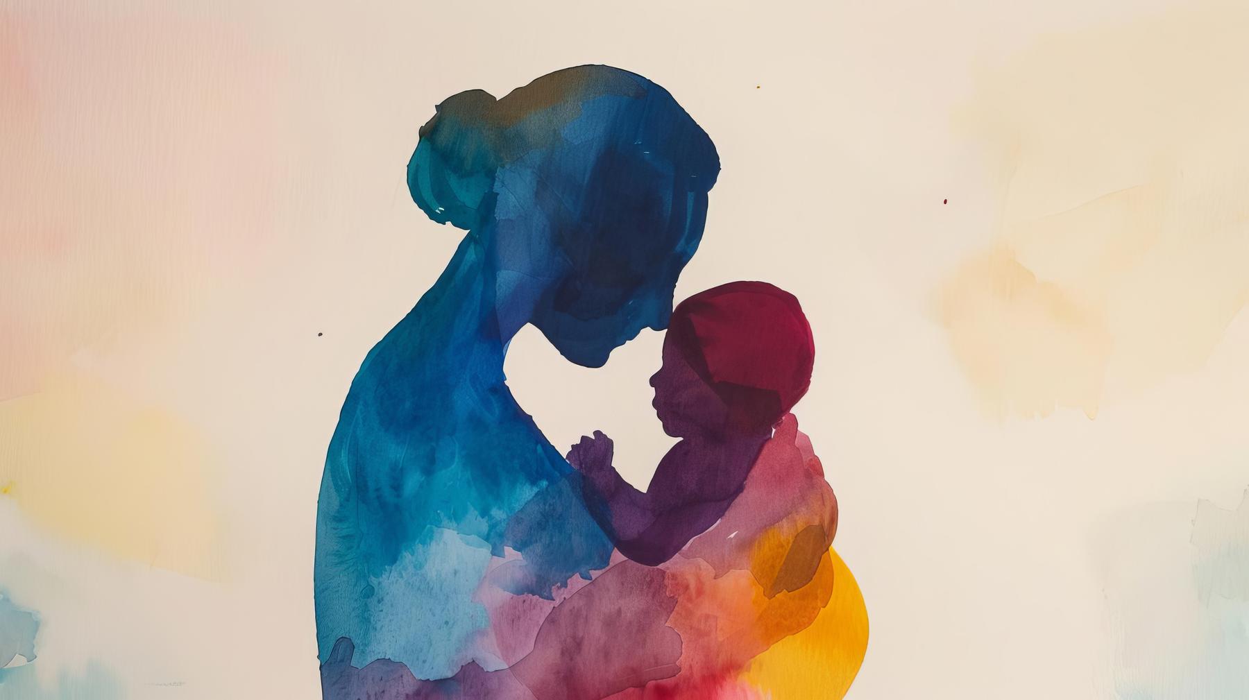 Abstraktes Aquarellbild einer Mutter und ihres Babys