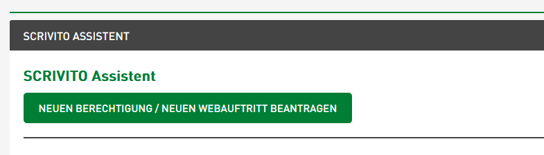 Button des Scrivito Assistenten, auf dem "Neue Berechtigung/ Webauftritt beantragen" steht