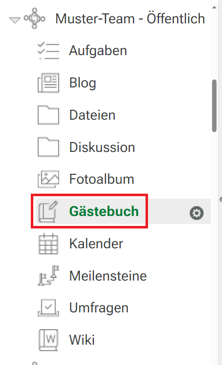 Arbeitsbereich Gästebuch in KUM-Teams öffnen