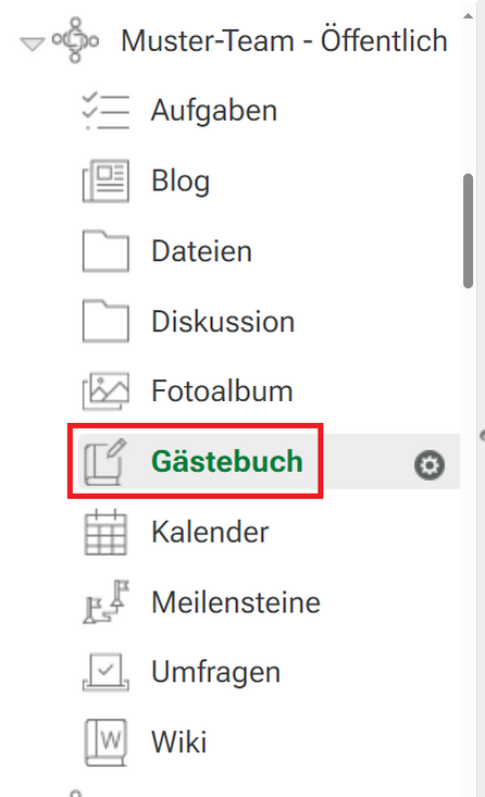 Arbeitsbereich Gästebuch in KUM-Teams öffnen