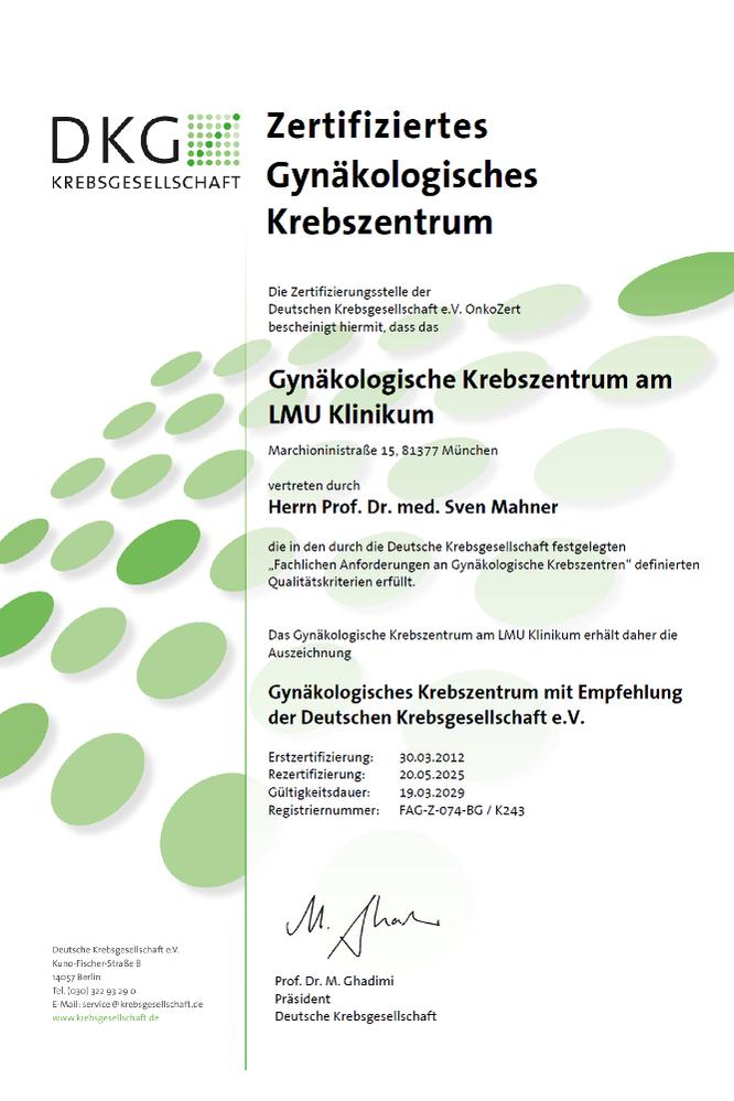 DKG-Zertifikat: Gynäkologisches Krebszentrum