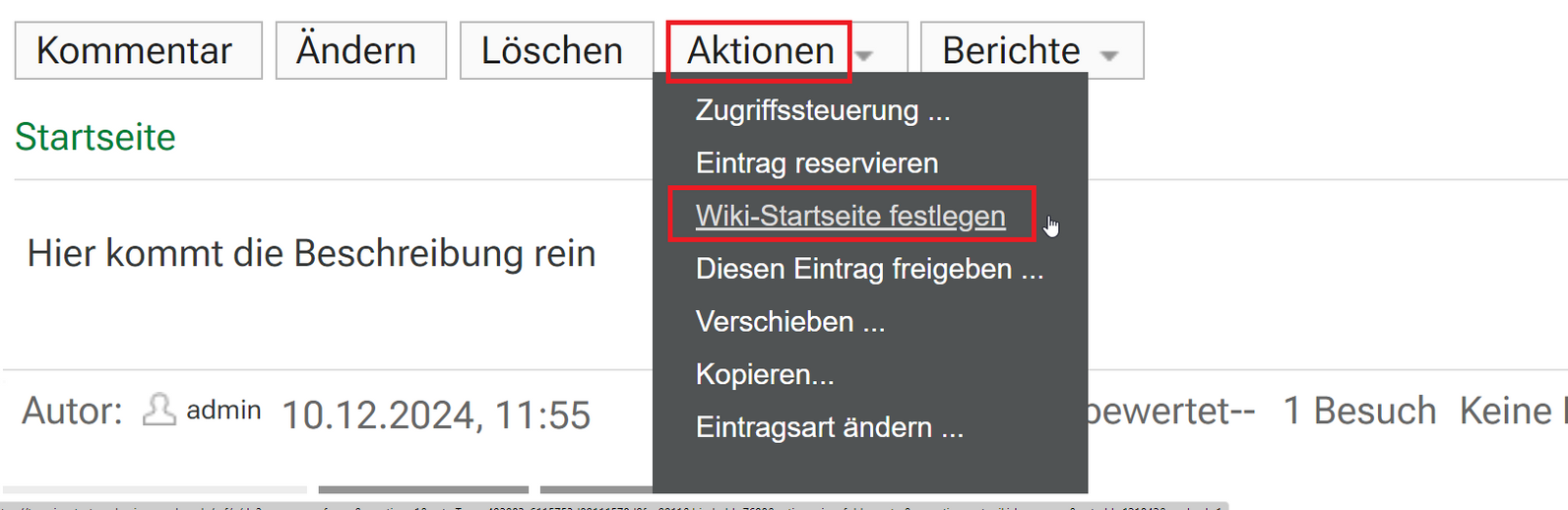 Startseite des Wikis festlegen