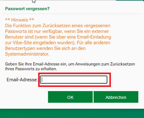 Weißes Feld, in das man seine E-Mail-Adresse eingeben kann, wenn man ein neues Passwort anfordern möchte