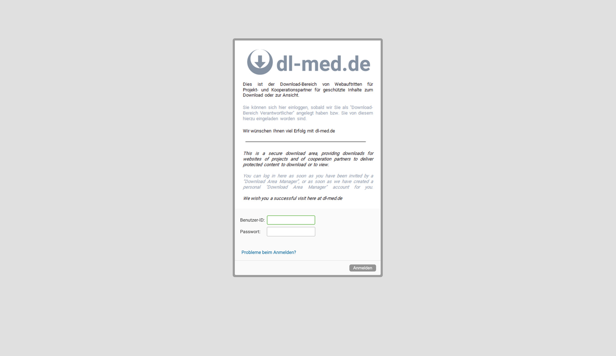 Loginmaske zu dl-med, wenn man Passwort vergessen hat
