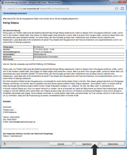 Vorschau einer Veranstaltung im Eingabeassistent