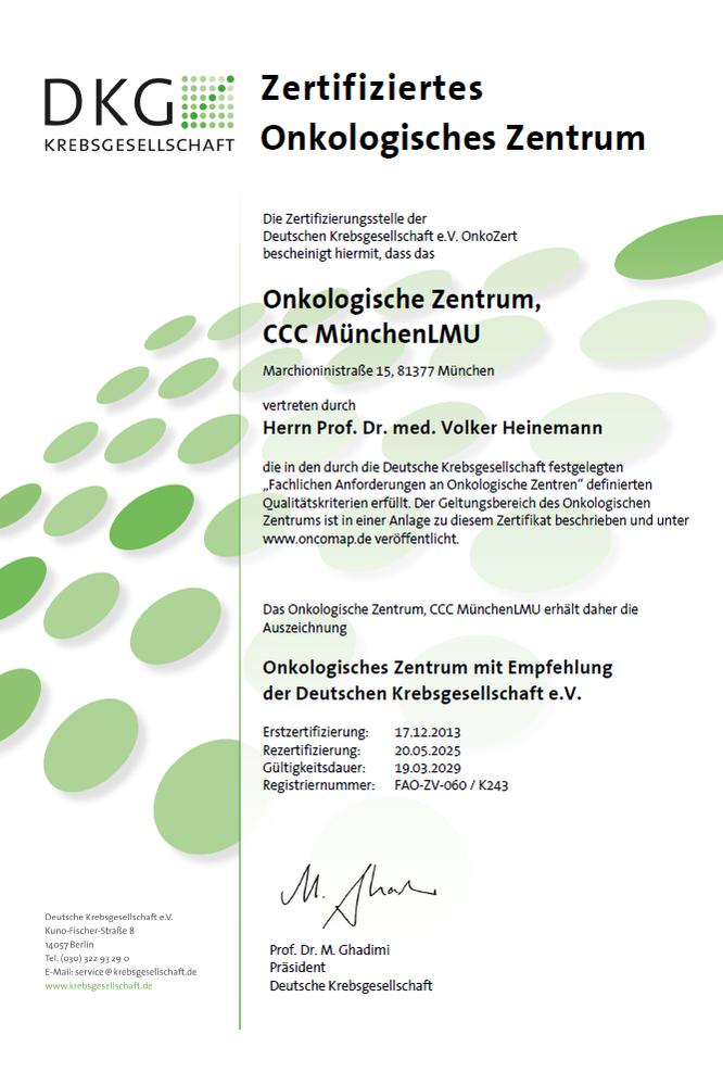 DKG-Zertifikat: Onkologisches Zentrum mit den inkludierten Zentren/ Modulen