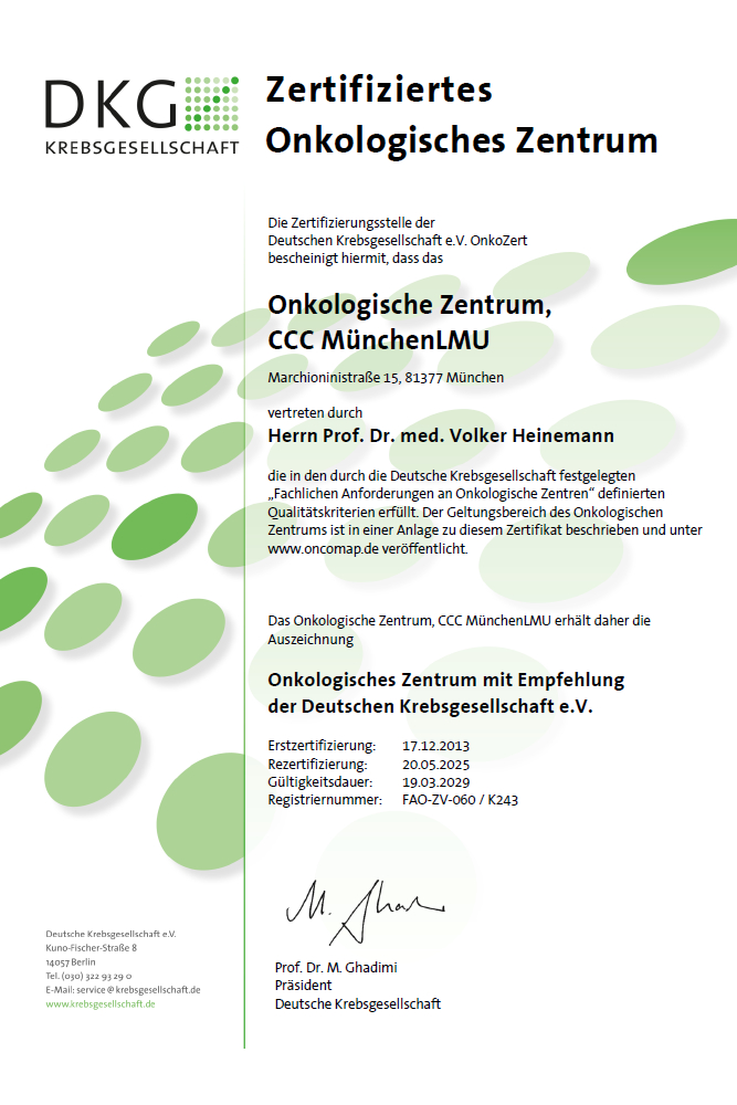 DKG-Zertifikat: Onkologisches Zentrum mit den inkludierten Zentren/ Modulen