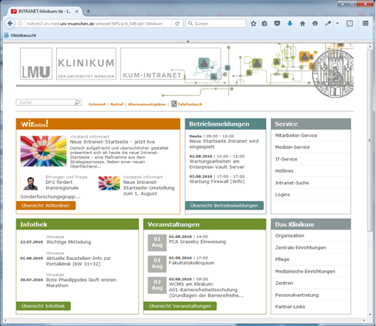 Intranet-Startseite auf der Portalwebseite